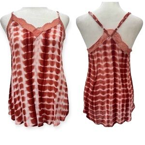 Hem & Thread Rust Red & White Tie Dye Lace Trimmed Racerback Cami NEW